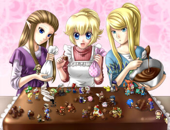 00s 4girls 6+boys alternate_costume apron blonde_hair blue_eyes blue_pikmin bowser brown_hair cake captain_falcon casual charizard child chocolate diddy_kong donkey_kong donkey_kong_(series) donkey_kong_country f-zero falco_lombardi family_computer_robot fire_emblem food fox_mccloud ganondorf gen_1_pokemon gen_4_pokemon heart heart-shaped_food highres ice_climber ice_climbers icing ike_(fire_emblem) in_food inugami-ke_no_ichizoku_pose ivysaur jigglypuff kid_icarus king_dedede kirby kirby_(series) link long_hair lucario lucas_(mother_3) luigi mario mario_(series) marth_(fire_emblem) meta_knight metal_gear_(series) metal_gear_solid metroid mini_person miniboy minigirl mixing_bowl monkey mother_(series) mother_2 mother_3 mr._game_&amp;_watch multiple_boys multiple_girls nana_(ice_climber) ness_(mother_2) nintendo olimar pastry_bag pikachu pikmin_(creature) pikmin_(series) pink_background pit_(kid_icarus) pointy_ears pokemon pokemon_(creature) pokemon_frlg popo_(ice_climber) princess_peach princess_zelda red_(pokemon) red_(pokemon_frlg) red_pikmin samus_aran sleeves_pushed_up sleeves_rolled_up solid_snake sonic_(series) sonic_the_hedgehog spoon squirtle star_fox super_smash_bros. the_legend_of_zelda the_legend_of_zelda:_twilight_princess toon_link valentine wario wolf_o'donnell yellow_pikmin yoshi yuino_(fancy_party)
