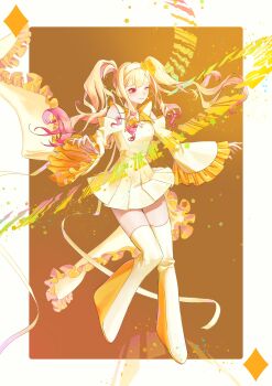 Rule 34 | 1girl, absurdres, amulet dia, amulet dia (cosplay), bare shoulders, blonde hair, boots, closed mouth, commentary request, cosplay, diamond (shape), diamond hair ornament, dress, frilled sleeves, frills, full body, hairband, highres, hinamori amu, hinamori amu (cosplay), korean commentary, long hair, long sleeves, microphone, one eye closed, pink eyes, project sekai, shugo chara!, sidelocks, smile, solo, szztzzs, tenma saki, thigh boots, white dress, white hairband, wide sleeves, yellow boots