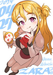 Rule 34 | 1girl, asava (hutaitenn), ascot, black footwear, blonde hair, breasts, character name, cream, crepe, dated, food, food wrapper, from above, fruit, hair between eyes, highres, holding, holding food, kantai collection, long hair, looking at viewer, off shoulder, purple eyes, red ascot, smile, solo, strawberry, tongue, tongue out, twitter username, zara (kancolle)