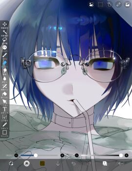 1girl art_program_in_frame blue_eyes blue_hair blunt_bangs drinking_straw expressionless glasses highres jacket looking_at_viewer original oxo_404 parted_lips partially_colored short_hair solo unfinished white_jacket
