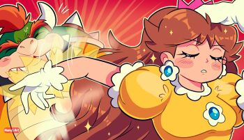 Rule 34 | 1boy, 1girl, blush, breasts, brown hair, closed eyes, crown, dress, ear piercing, earrings, eyelashes, flower earrings, gloves, jewelry, long hair, manysart1, mario (series), mario party, mario party 3, meme, motion lines, naoya hitting choso without looking (meme), nintendo, orange dress, outline, piercing, pink crown, princess daisy, red background, slapping, white gloves, white outline