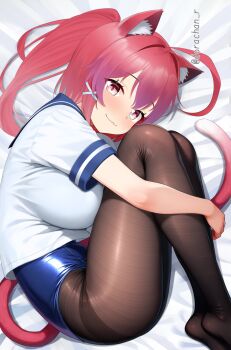 Rule 34 | 1girl, ahoge, alternate breast size (larger), animal ears, black pantyhose, blush, breasts, cat day, cat ears, cat girl, cat tail, commentary request, dorachan r, hair ornament, hair ribbon, highres, i-168 (kancolle), kantai collection, long hair, looking at viewer, lying, one-piece swimsuit, open mouth, pantyhose, pantyhose under swimsuit, ponytail, red eyes, red hair, ribbon, school swimsuit, school uniform, serafuku, smile, solo, swimsuit, swimsuit under clothes, tail
