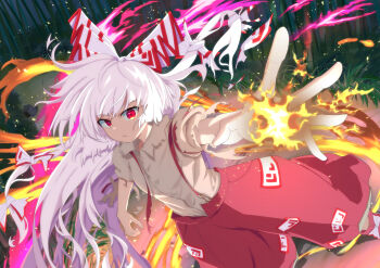 Rule 34 | 1girl, absurdres, bamboo, bamboo forest, bow, brown shirt, closed mouth, collared shirt, commentary request, fire, forest, fujiwara no mokou, grey hair, guminemi, hair bow, highres, long hair, looking at viewer, multiple hair bows, nature, ofuda, ofuda on clothes, pants, pyrokinesis, red eyes, red pants, shirt, solo, suspenders, torn clothes, torn sleeves, touhou, very long hair