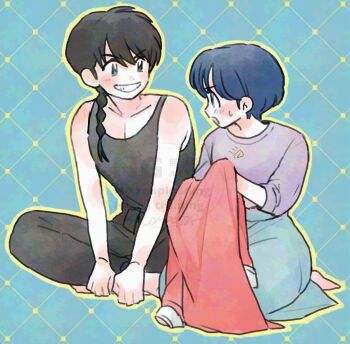 Rule 34 | 1boy, 1girl, bare shoulders, barefoot, black hair, black pants, black tank top, blue background, blue hair, blue skirt, braid, collarbone, con sonne, eye contact, full body, grey eyes, grey shirt, grin, highres, looking at another, pants, ranma 1/2, saotome ranma, shirt, short hair, single braid, sitting, skirt, smile, tank top, tendou akane, v-shaped eyebrows, watermark
