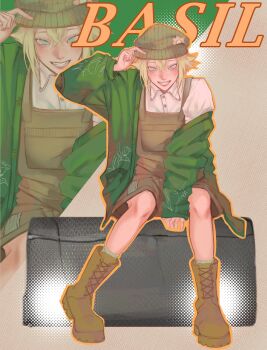 Rule 34 | 1boy, absurdres, arm up, basil (birthday) (omori), basil (faraway) (omori), basil (omori), blonde hair, blue eyes, boots, brown boots, brown hat, brown overalls, cardigan, character name, collared shirt, commentary, futo (tofuutoufofuto), green cardigan, hat, highres, long sleeves, male focus, newsboy cap, official alternate costume, omori, open cardigan, open clothes, overall shorts, overalls, shirt, sitting, solo, untranslatable commentary, white shirt