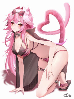 1girl absurdres animal_ear_fluff animal_ears animal_print bikini black_bikini black_jacket breasts cleavage commentary commentary_request english_commentary eyewear_on_head feet full_body highres hololive hololive_english jacket jacket_on_shoulders large_breasts layered_bikini leopard_print long_hair looking_at_viewer maka_aratame mixed-language_commentary multicolored_hair navel o-ring o-ring_thigh_strap official_alternate_costume panther_ears panther_girl panther_tail pink_bikini pink_hair raora_panthera raora_panthera_(holonatsu_paradise) round_eyewear sandals sidelocks simple_background slides solo streaked_hair swimsuit tail thigh_strap toes virtual_youtuber white_background white_hair yellow_eyes