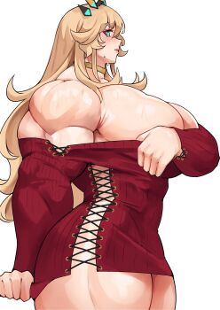 Rule 34 | 1girl, absurdres, alternate costume, ass, bare shoulders, barghest (fate), blonde hair, blue eyes, blush, breasts, choker, clothes pull, curvy, dress, embarrassed, eyelashes, fate/grand order, fate (series), female focus, hair between eyes, hair ornament, highres, huge ass, huge breasts, long hair, long sleeves, looking at viewer, looking to the side, musctonk, muscular, muscular female, no bra, no panties, red dress, revealing clothes, shiny skin, sideboob, simple background, solo, sweat, sweatdrop, thick thighs, thighs, tight clothes, tight dress, white background