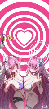 2girls absurdres ass bai_ze:_mu_ye_bing bell bikini blush breasts butt_crack chinese_commentary cleavage color_connection commentary_request company_connection cyrene_(demiurge)_(honkai:_star_rail) cyrene_(honkai:_star_rail) diamond-shaped_pupils diamond_(shape) elysia_(herrscher_of_human:_ego)_(honkai_impact) elysia_(honkai_impact) flower hair_color_connection hair_flower hair_ornament heart heart_background highres honkai:_star_rail honkai_(series) honkai_impact_3rd inoue_marina large_breasts licking_lips long_hair multiple_girls pink_hair purple_bikini purple_eyes striped_background swimsuit symbol-shaped_pupils thigh_strap thighs tongue tongue_out very_long_hair voice_actor_connection white_bikini yanning