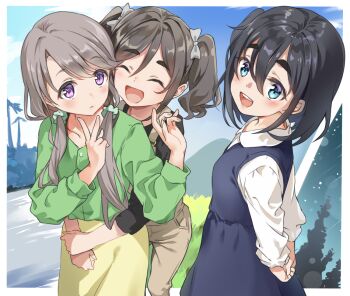 Rule 34 | 3girls, amamiya satsuki (mono), aqua scrunchie, arms behind back, black hair, black shirt, blue dress, blue eyes, blue sky, blush, bow, brown pants, carrying, carrying person, closed mouth, collared shirt, dress, from side, grass, green shirt, grey bow, grey hair, hair bow, hair ornament, hair scrunchie, kiriyama an, long sleeves, looking at viewer, low twintails, mono (afro), mountain, multiple girls, night, one side up, open mouth, outside border, paneled background, pants, piggyback, pinafore dress, purple eyes, river, sayuuiede, scrunchie, shikishima sakurako, shirt, shooting star, skirt, sky, sleeveless, sleeveless dress, smile, star (sky), teeth, thick eyebrows, tree, twintails, upper teeth only, v, white shirt, yellow skirt