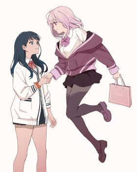 Rule 34 | 199501125520, 2girls, bag, black hair, black skirt, blue eyes, bow, bowtie, breasts, collared shirt, commentary, earbuds, earphones, english commentary, gridman universe, highres, holding, holding bag, holding hands, jacket, long hair, long sleeves, looking at another, medium breasts, medium hair, multiple girls, pantyhose, pink hair, pleated skirt, purple bow, purple bowtie, purple jacket, purple shoes, red bow, red bowtie, red eyes, school uniform, shinjou akane, shirt, shoes, skirt, smile, ssss.gridman, standing, takarada rikka, white background, white shirt, yuri