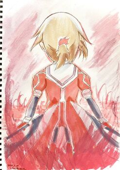 1girl artist_name axe blonde_hair brown_hair coat colored_pencil_(medium) dated dress dual_wielding facing_away from_behind gloves highres holding holding_weapon insotsusenpai marker_(medium) minowa_gin painting_(medium) ponytail puffy_short_sleeves puffy_sleeves red_coat red_dress red_gloves short_hair short_ponytail short_sleeves signature sketch solo standing sword traditional_media washio_sumi_wa_yuusha_de_aru watercolor_(medium) watercolor_pencil_(medium) weapon yuusha_de_aru