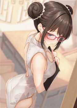 Rule 34 | 1girl, back cutout, bare shoulders, blue eyes, blush, breasts, brown hair, china dress, chinese clothes, cleavage, cleavage cutout, closed mouth, clothing cutout, commentary request, double bun, dress, floral print, floral print dress, from above, from side, glasses, gold trim, hair bun, hands up, highres, holding, holding menu, large variant set, looking at viewer, looking to the side, menu, minato ojitan, original, pelvic curtain, print dress, red-framed eyewear, sleeveless, sleeveless dress, solo, variant set