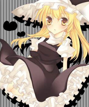 Rule 34 | 1girl, :<, bad id, black dress, blonde hair, bow, braid, dress, female focus, full body, hair bow, hat, hat bow, heart, kirisame marisa, kneeling, long hair, looking at viewer, nayuta (artist), nayuta (scarlet-noize), puffy short sleeves, puffy sleeves, short sleeves, side braid, skirt, skirt set, solo, striped background, touhou, white bow, witch hat