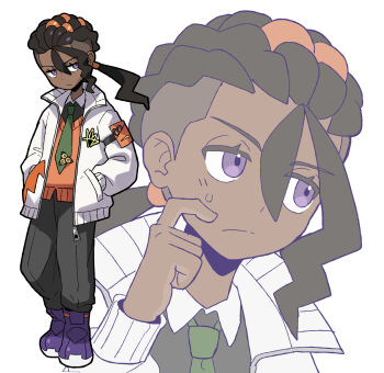 1boy :/ absurdres averting_eyes brooch brown_hair dark_skin dreadlocks frown full_body green_necktie grey_pants hair_between_eyes hair_pulled_back hair_tubes half-closed_eyes hands_in_pockets highres jewelry looking_to_the_side low_ponytail male_focus naveen_(pokemon) necktie nintendo orange_sweater_vest pants pokemon pokemon_legends:_z-a ponytail portrait purple_eyes purple_shoes sach56000 scratching_cheek shoes small_sweatdrop solo sweater_vest undercut