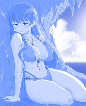 1girl arato_nagi bikini blue_theme blush breasts cleavage closed_mouth cloud commentary curvy ear_piercing earrings english_commentary gem glint half-closed_eyes highres horizon jewelry large_breasts long_hair looking_at_viewer monochrome navel ocean outdoors piercing ruri_no_houseki seductive_gaze seductive_smile shiny_skin sitting smile stud_earrings swimsuit thong thong_bikini viperxtr wet whale_tail_(clothing) wide_hips