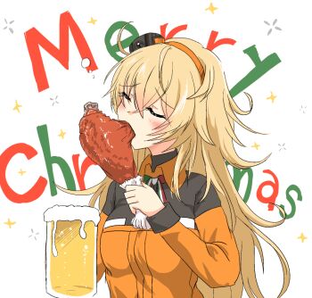 1girl alcohol aliage beer beer_mug blonde_hair blush bone camera chicken_(food) chicken_leg closed_eyes cup drink eating flag_print food food_focus girls'_frontline hairband holding holding_food italian_flag italian_flag_print long_hair long_sleeves merry_christmas messy_hair mug orange_hairband print_ribbon ribbon s.a.t.8_(girls'_frontline) solo star_(symbol) uniform upper_body very_long_hair