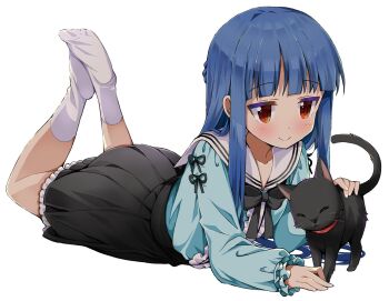 1girl aqua_shirt black_bow black_bowtie black_cat black_skirt blue_hair blush bow bowtie caressing cat frilled_shirt frilled_sleeves frills full_body highres idolmaster idolmaster_cinderella_girls idolmaster_cinderella_girls_u149 jitome legs_up long_hair long_sleeves looking_at_another lying michii_yuuki no_shoes on_stomach pero_(idolmaster_cinderella_girls) pleated_skirt red_eyes sailor_collar sajo_yukimi shirt sidelocks skirt smile socks white_background white_sailor_collar white_socks