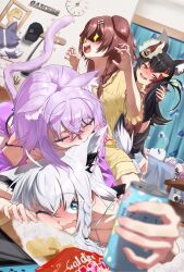 +_+ 4girls animal_ear_fluff animal_ears biting biting_ear black_hair blue_eyes blush braid brown_hair cat_girl cat_tail chips_(food) claw_pose closed_eyes closed_mouth crossed_bangs daichi_lds dog_ears dog_girl dog_tail drink drunk food fox_girl fox_tail hair_between_eyes highres holding holding_drink holding_own_tail hololive indoors inugami_korone long_hair multiple_girls nekomata_okayu one_eye_closed ookami_mio open_mouth orange_eyes pajamas potato_chips purple_hair purple_shirt purple_shorts shirakami_fubuki shirt shorts sidelocks tail tank_top twin_braids virtual_youtuber white_hair white_tank_top wolf_ears wolf_girl yellow_shirt yellow_shorts
