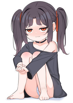 1girl :3 bare_legs bare_shoulders barefoot black_choker black_hair black_shirt blush choker closed_mouth collarbone commentary_request full_body hair_ribbon highres hugging_own_legs loli long_hair long_sleeves looking_at_viewer off_shoulder original own_hands_together panties red_eyes red_ribbon ribbon shadow shirt simple_background sitting solo surio twintails underwear white_background white_panties