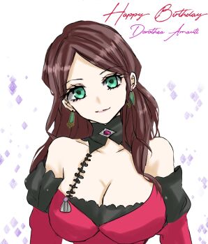 1girl breasts brown_hair cleavage dorothea_arnault dorothea_arnault_(timeskip) dress earrings fire_emblem fire_emblem:_three_houses happy_birthday highres jewelry large_breasts long_hair looking_at_viewer nintendo red_dress solo