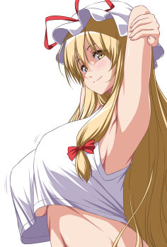 Rule 34 | 1girl, absurdres, alternate costume, arms up, blonde hair, bow, breasts, closed mouth, commentary request, crop top, hair bow, hat, hat ribbon, highres, large breasts, long hair, looking at viewer, mob cap, navel, nori tamago, red bow, red ribbon, ribbon, shirt, sideboob, simple background, sleeveless, sleeveless shirt, smile, solo, touhou, underboob, very long hair, white background, white hat, white shirt, yakumo yukari, yellow eyes