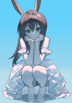 1girl absurdres amiya_(arknights) animal_ear_fluff animal_ears arknights bare_shoulders blue_background brown_hair closed_mouth commentary_request dress full_body green_eyes hair_between_eyes hair_intakes hands_up highres long_hair looking_at_viewer nagisa_(cxcx5235) off-shoulder_dress off_shoulder ponytail rabbit_ears sandals solo squatting very_long_hair white_dress white_sandals