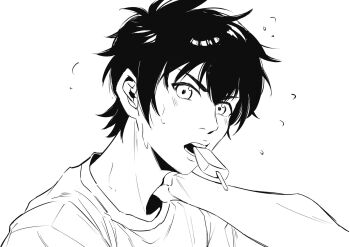 1boy ace_of_diamond adam's_apple arm_behind_head blush commentary_request food food_in_mouth highres looking_at_viewer male_focus mouth_hold popsicle popsicle_in_mouth sawamura_eijun shirt short_hair simple_background solo sweat teeth_hold tobeecheese white_background