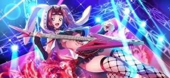 1girl animal_ears animal_hood arm_warmers artist_request backlighting black_choker black_shirt black_thighhighs blue_eyes blurry blurry_background breasts choker code_geass code_geass:_lost_stories collarbone crop_top dutch_angle electric_guitar fake_animal_ears female_focus fishnet_thighhighs fishnets frilled_skirt frills game_cg guitar hand_up happy heart heart-shaped_lock heart_necklace highres holding holding_guitar holding_instrument holding_plectrum hood hood_up hooded_vest hoodie instrument jewelry knees_together_feet_apart kouzuki_kallen large_breasts layered_skirt leg_up light_rays looking_at_viewer mask mask_on_head masquerade_mask miniskirt music navel necklace non-web_source official_art open_clothes open_mouth open_vest plaid_clothes plaid_skirt playing_instrument plectrum rabbit_ears rabbit_hood red_hair red_skirt shiny_skin shirt short_hair sidelocks skirt sleeveless sleeveless_shirt smile solo sparkle stage_lights standing standing_on_one_leg stomach stomach_tattoo tattoo thighhighs thighs underboob vest white_vest zipper zipper_pull_tab