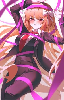 1girl absurdres arms_up black_jacket black_pants bound bow e.g.o_(project_moon) hair_bow hi_i_dubu highres ishmael_(project_moon) jacket lapels limbus_company looking_at_viewer necktie notched_lapels pants parted_lips pink_eyes pink_ribbon project_moon red_necktie ribbon ribbon_bondage roseate_desire_(e.g.o) simple_background smile solo white_background white_bow