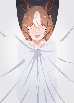 1boy 1girl ^_^ absurdres animal_ears behind_curtains belno_light_(umamusume) blush bow brown_hair closed_eyes collarbone commentary curtain_grab curtains dewanewbie ear_ribbon hair_between_eyes hair_ornament highres horse_ears horse_girl implied_nudity multicolored_hair open_mouth paid_reward_available red_ribbon ribbon see-through_silhouette sexually_suggestive short_hair smile stray_pubic_hair streaked_hair sweat textless_version umamusume umamusume:_cinderella_gray white_streaks