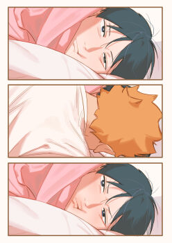 2boys black_hair blush closed_mouth fezo french_kiss haikyuu!! highres hinata_shouyou kageyama_tobio kiss male_focus multiple_boys orange_hair shirt short_hair white_shirt yaoi