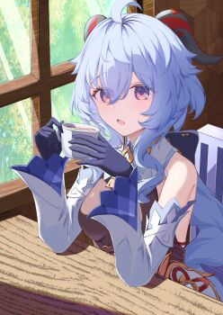 Rule 34 | 1girl, ahoge, black horns, blue gloves, blue hair, breasts, coffee, commentary request, cup, detached sleeves, ganyu (genshin impact), genshin impact, gloves, goat horns, hair between eyes, highres, holding, holding cup, horns, indoors, long hair, looking at viewer, medium breasts, moni (moni7475), open mouth, pink eyes, sitting, solo, window