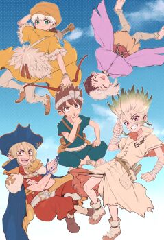 5boys arrow_(projectile) asagiri_gen bandaged_arm bandages barefoot belt black_hair blonde_hair bow_(weapon) brown_eyes brown_hair cape chrome_(dr._stone) closed_eyes crossed_arms dr._stone green_eyes green_hair grin hand_on_own_chin hands_in_opposite_sleeves hat headband holding holding_bow_(weapon) holding_weapon indian_style ishigami_senkuu laughing looking_at_viewer male_focus multicolored_hair multiple_boys nanami_ryuusui ninomae_gin open_mouth pants pirate_hat quiver red_eyes saionji_ukyou sandals short_hair sitting smile spiked_hair split-color_hair stroking_own_chin turban two-tone_hair upside-down weapon white_hair