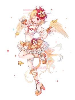 1girl 80isiiii absurdres alternate_costume animal animal_on_head baby_animal bird bird_on_head bird_tail bird_wings blonde_hair chick collarbone commentary commission crop_top feathered_wings full_body headset high_heels highres leg_ribbon leg_up medium_hair midriff multicolored_hair navel niwatari_kutaka on_head one_eye_closed open_mouth orange_ribbon orange_shoes orange_skirt puffy_short_sleeves puffy_sleeves red_eyes red_hair ribbon shoes short_sleeves skirt smile solo symbol-only_commentary tail touhou twitter_username two-tone_hair watermark wings wrist_cuffs yellow_wings