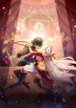 absurdres ahoge backless_dress backless_outfit bandaged_arm bandaged_hand bandages black_gloves black_hair black_jacket black_pants black_shoes bow bowtie brant_(wuthering_waves) carlotta_(wuthering_waves) d0h0nai dancer dancing dress flower gloves hair_flower hair_ornament hand_on_another&#039;s_back headband high_heels highres holding holding_sword holding_weapon jacket light_smile long_hair looking_at_viewer male_rover_(wuthering_waves) open_mouth pangu_terminal_(wuthering_waves) pants pink_bow pink_bowtie pink_eyes roccia_(wuthering_waves) rover_(wuthering_waves) shoes smile stage stage_lights sword weapon white_hair wuthering_waves yellow_eyes