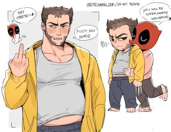 2boys animal_slippers beard belly blush brown_hair bunny_slippers cellphone claw_(weapon) commentary couple deadpool deadpool_&amp;_wolverine deadpool_(series) dreaming_oor english_commentary english_text facial_hair heart highres holding holding_phone insult large_pectorals long_sleeves male_focus male_pregnancy marvel marvel mature_male middle_finger multiple_boys muscular muscular_male pants pectorals phone pregnant profanity puckered_lips red_mask short_hair slippers smartphone speech_bubble squiggle stomach teeth weapon wolverine_(x-men) x-men yaoi