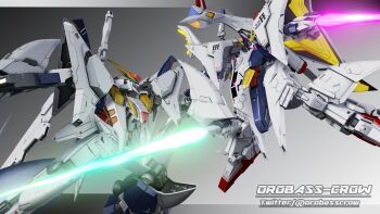 3d absurdres battle energy_sword commentary_request duel earth_federation gradient_background gundam gundam_hathaway's_flash highres inviter_oro machinery mecha mecha_focus missile_pod mobile_suit no_humans penelope_(hathaway's_flash) robot roundel science_fiction shield signature v-fin xi_gundam