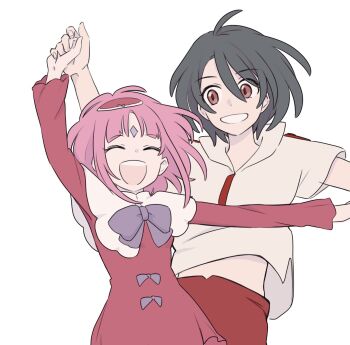 Rule 34 | 1boy, 1girl, bellri zenam, black hair, closed eyes, couple, dress, facial mark, forehead mark, gundam, gundam g no reconguista, hair between eyes, hair ornament, hetero, highres, holding hands, noredo nug, open mouth, pink hair, red dress, red eyes, sbr ghn, shirt, short hair, simple background, smile, upper body, white background