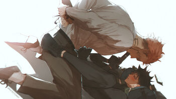 2boys alternate_universe arms_behind_back bag belt black_gloves black_hair black_pants blush bound bound_wrists commentary english_commentary extra_eyes facial_tattoo fushiguro_megumi gloves green_eyes gun gun_in_mouth highres holding holding_gun holding_weapon hostage jujutsu_kaisen long_sleeves looking_at_another male_focus money multiple_boys neck_tattoo pants pink_hair red_eyes robbery ryoumen_sukuna_(jujutsu_kaisen) shirt shoes sneakers spiked_hair spread_legs tattoo weapon white_shirt yaoi zestypochita