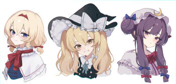 Rule 34 | 3girls, :<, :d, alice margatroid, alternate costume, black hat, black vest, blonde hair, blue bow, blue dress, blue eyes, blue ribbon, bow, braid, capelet, closed mouth, commentary request, crescent, crescent hat ornament, cropped shoulders, crossed bangs, double-parted bangs, dress, grin, hair between eyes, hair bow, hair bun, hair ribbon, hairband, hat, hat bow, hat ornament, hat ribbon, highres, kani nyan, kirisame marisa, looking at viewer, mob cap, multiple girls, neck ribbon, open mouth, patchouli knowledge, purple eyes, purple hair, purple hat, red bow, red hairband, red ribbon, ribbon, shirt, short hair, side braid, simple background, single braid, smile, touhou, twintails, vest, white background, white bow, white capelet, white ribbon, white shirt, witch hat, yellow eyes
