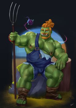 1boy abs absurdres bara bare_pectorals beard bulge colored_skin denim_overalls energy_ball face_piercing facial_hair farmer full_beard full_body green_skin hairy highres large_pectorals lemz_(adrawingpotato) looking_at_viewer male_focus mature_male monster_boy muscular muscular_legs muscular_male mustache nipple_piercing nipple_rings nipples nose_piercing nose_ring orc original overalls pectorals piercing pointy_ears sharp_teeth solo sparse_arm_hair sparse_leg_hair spread_legs strongman_waist sweat teeth thick_chest_hair thick_mustache thighs torn_clothes torn_overalls tusks vael_(bulph) very_sweaty