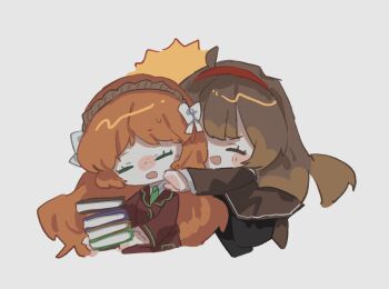 2girls :d ahoge black_pants book book_stack bow brown_coat brown_hair chibi closed_eyes coat ee_extension_02 freckles glomp green_necktie hair_bow hairband highres holding holding_book hug ishmael_(project_moon) jacket librarian_(project_moon) library_of_ruina limbus_company long_hair malkuth_(project_moon) multiple_girls necktie nugget_(project_moon) open_mouth orange_hair pants project_moon red_hairband red_jacket simple_background smile white_background white_bow