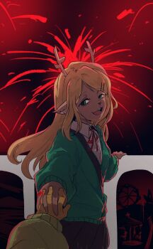 1girl 1other animal_ears antlers blonde_hair collared_shirt commentary deer_antlers deer_ears deer_girl deltarune english_commentary fireworks furry furry_female green_eyes hair_ornament hairclip hand_on_railing highres holding_hands horns kris_(deltarune) long_hair neck_ribbon noelle_holiday only_gnb open_mouth pov pov_hands red_ribbon ribbon shirt smile solo_focus thorn_ring_(deltarune) uneven_eyes utdr_(toby_fox) weird_route_(deltarune) white_shirt