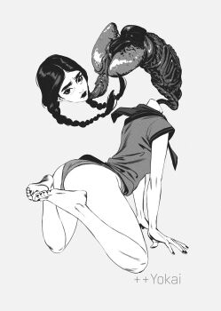 1girl all_fours artist_name ass bare_legs barefoot black_hair black_lips black_nails braid feet feet_up floating_head floating_organs from_behind full_body grey_background greyscale guro heart_(organ) highres ibrahem_swaid inktober intestines krasue legs_folded lips liver looking_ahead lungs makeup monochrome nail_polish nose original pancreas panties parted_hair sailor_collar shirt short_sleeves simple_background soles solo thick_eyebrows toenail_polish toenails toes twin_braids underwear