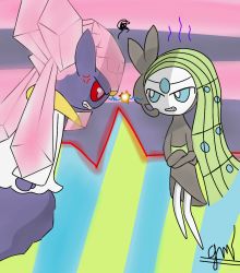 anger_vein angry blue_eyes clenched_teeth commentary confrontation crossed_arms diancie english_commentary eye_contact gen_5_pokemon gen_6_pokemon highres legendary_pokemon lightning_glare looking_at_another meloetta meloetta_(aria) multicolored_background mythical_pokemon nintendo no_feet pokemon pokemon_(creature) red_eyes rivalry signature squiggle teeth