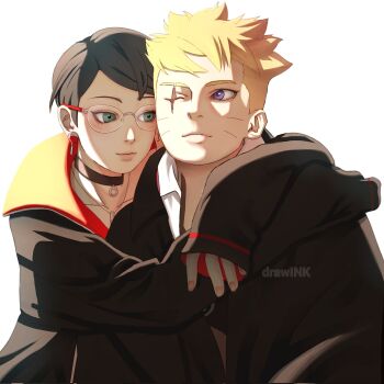 1boy 1girl alternate_eye_color aqua_eyes arms_around_neck artist_name black_choker black_cloak black_hair black_jacket blonde_hair boruto:_two_blue_vortex choker cloak collarbone commentary drawink earrings eyebrow_cut facial_mark glasses highres jacket jewelry naruto_(series) necklace one_eye_closed purple_eyes rimless_eyewear scar scar_across_eye scar_on_face short_hair smile uchiha_sarada uchiha_symbol undercut uzumaki_boruto watermark whisker_markings