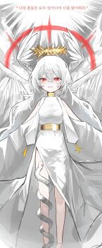 1girl :d angela_(project_moon) clothing_cutout collar costume_request double-parted_bangs dress e.g.o_(project_moon) feathered_wings feet_out_of_frame floating hair_between_eyes halo halo_behind_head head_wings highres korean_text library_of_ruina long_hair looking_at_viewer multiple_wings official_alternate_costume open_mouth orara_10 paradise_lost_(e.g.o) project_moon red_eyes scarf shoulder_cutout smile snake snake_wrapped_around_leg translation_request very_long_hair white_dress white_hair white_scarf white_snake white_wings wings