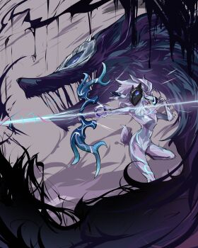 1girl absurdres animal_ears arrow_(projectile) black_mask body_fur bow_(weapon) furry furry_female grey_background grey_fur grey_hair haagyu highres holding holding_arrow holding_bow_(weapon) holding_weapon kindred_(league_of_legends) lamb_(league_of_legends) league_of_legends mask open_mouth sharp_teeth sheep_ears sheep_tail tail teeth weapon wolf_(league_of_legends)