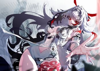 1girl absurdres armlet bare_shoulders breasts china_dress chinese_clothes clothing_aside cowboy_shot dress droopy_ears gluteal_fold hair_intakes hairband hashtag-only_commentary highres its2h35 jewelry leg_tattoo long_hair looking_at_viewer medium_breasts official_alternate_hair_color parted_lips pelvic_curtain pelvic_curtain_aside red_eyes see-through_clothes silver_armlet solo tail tattoo very_long_hair white_dress white_hair white_hairband ye_shunguang zenless_zone_zero