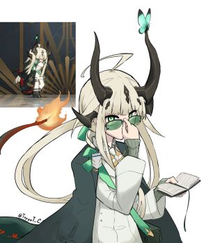 1girl adjusting_eyewear adjusting_glasses ahoge arknights blonde_hair book collared_shirt female_focus glasses green-tinted_eyewear green_eyes hair_ornament highres horns jacket long_hair long_sleeves looking_at_viewer looking_over_eyewear looking_over_glasses multiple_views reed_(arknights) reed_(emerald_holiday)_(arknights) shirt sunglasses tagme tail tinted_eyewear toyyot white_shirt